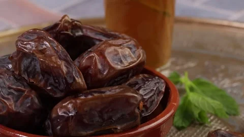Close-up of a tray of Medjool dates. Stock Footage 342224488