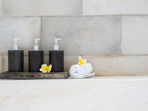 Close up of tree bottles in the bathroom Foto stock
