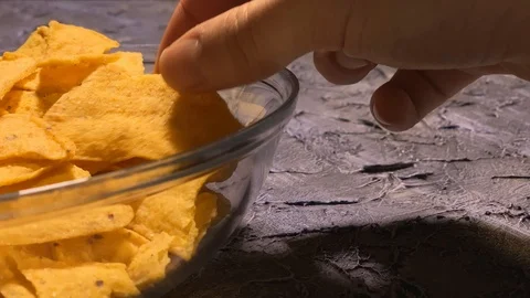 Close up. Triangle nachos corn chips in a glass plate. Best vegan nachos Video stock 120609705
