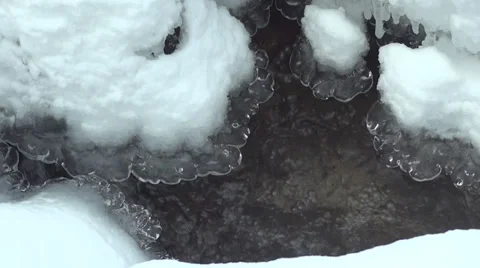 Close-up of Trickling Brook in Winter Ice and Snow Stock Footage 33267749
