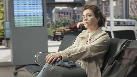 Close up of trolley and backpack in bus station next to female passenger Stock Photos