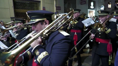 Close Up of Trombone Players During Semana Santa in Malaga Stock Footage 336015189