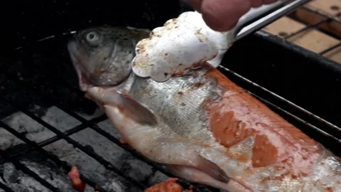 Close-up of a Trout fish on a hot grill with charcoal and smoking using tongs on Vidéo 160089849