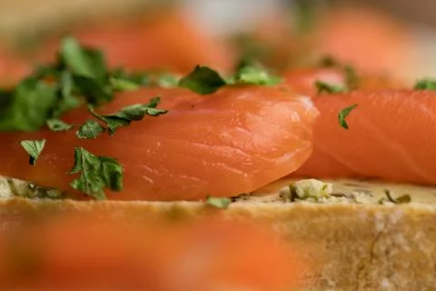 Close-up of trout lying on a slice of bread decorated with chopped parsley Stock Photos