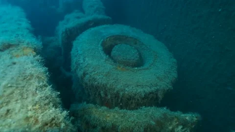 Close up of truck on the shipwreck Swedish ferry MS Zenobia. Slow motion Stock Footage 159073853