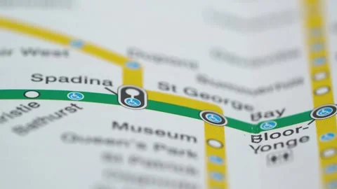 Close up of TTC Line 2 Toronto subway map showing station stops Stock Footage 331694360