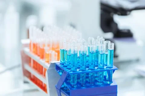 Close up.tubes with tests on the table in the laboratory. Stock Photos
