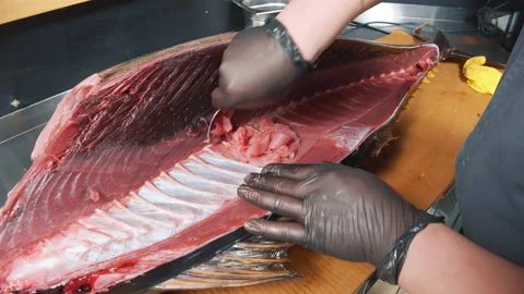 Close-up of the tuna cutting process at the market. Men's hands in gloves Stock Footage 174705475