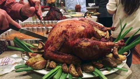 Close-up of a Turkey being cut before dinner Stock Footage 83096675