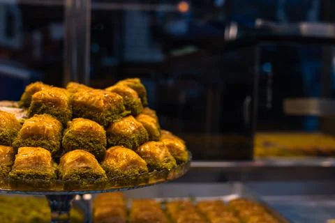 Close-up of a Turkish appetizing baklava in a display case. Copy space. Stock Photos