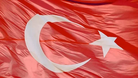Close up Turkish flag fluttering on strong breeze in slow motion. Stock Footage 112047408