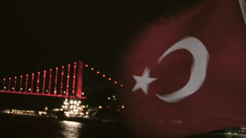 Close-up of the Turkish flag on a ship at night Stock Footage 116206880