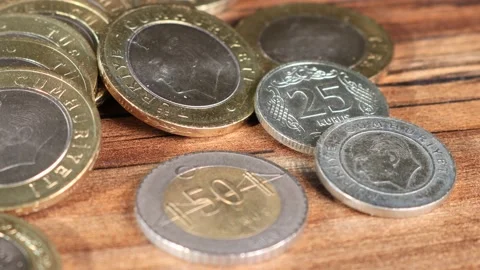 Close up of Turkish TL coins. Camera motion over distributed coin money Vídeo Stock 172556158