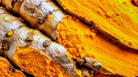 Close up turmeric root surface showing natural spice texture and organic pl.. Stock Photos