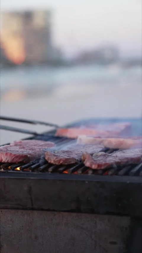 Close-up turning grilled meat on bbq with in slow motion. With sea view Stock Footage 286361474