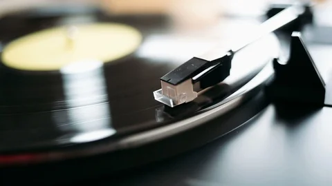 Close up of turntable playing record Stock Footage 88657148
