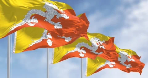Close-up of two Bhutan national flags waving in the wind. Stock-Footage 295777643