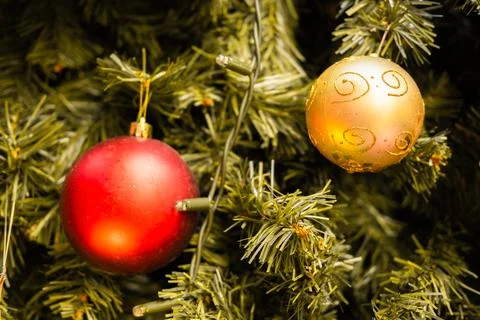 Close-up of two Christmas balls on a tree Stock Photos