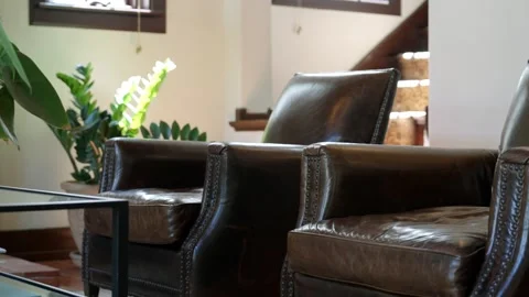 Close up of two designed armchairs made from dark brown leather standing in cozy Stock Footage 242943799