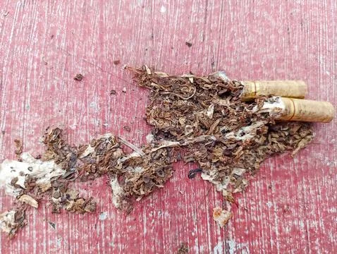 Close up of two dirty cigarette butts sitting on a red background Stock Photos