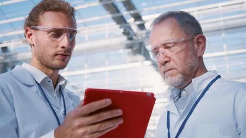 Close-up of two diverse professional scientists in lab coats discussing new Stock Photos