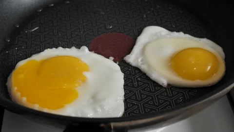 Close-up of two eggs frying in a frying pan. Stock Footage 232857353