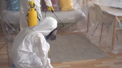 Close up two exterminators are engaged in cleaning Stock Footage 105549535