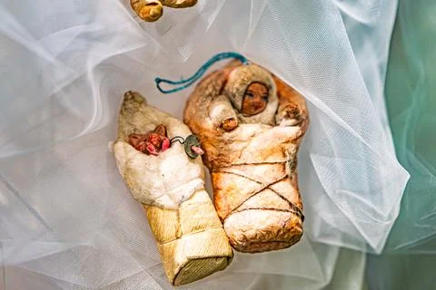 Close-up of two figurines in a blurred background, ChristmasNew Years vinta.. Foto stock