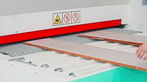 Close-up of two flat panels being fed into an industrial machinery used for Stock Footage 281902480