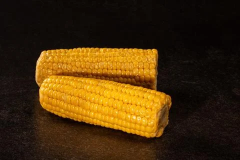 Close-up of two fresh ripe corn cobs on dark black background Stock Photos