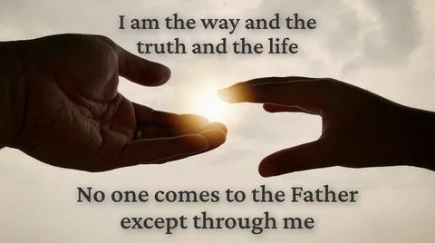 Close up of two hand reaching out shining light with text - I am the way and the Stock Photos