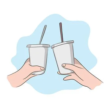 Close-up two hands holding iced latte and iced milk tea in plastic glass Stock Illustration