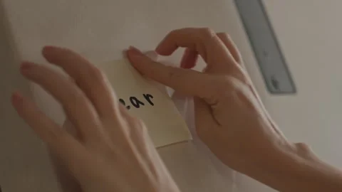 Close up of two hands placing handwritten fear stickynote onto smooth light Stock Footage 344404621