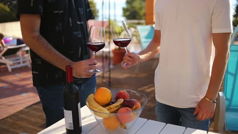 Close Up Of Two Man Cheering With Wine Glasses Stock Footage 135826381