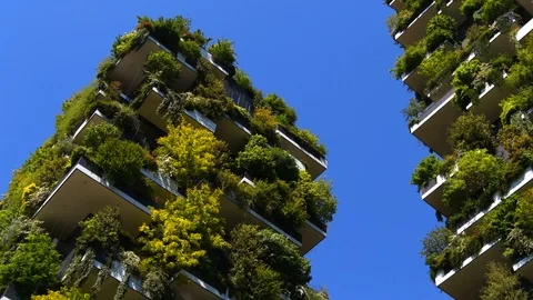 Close up of two modern and innovative building called Bosco Verticale of Mila Video stock 110269595