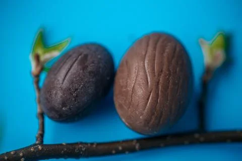 Close-up of two natural chocolate Easter eggs with delicate textures. 스톡 사진