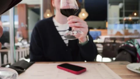 Close-up of two people clinking glasses of red wine during a restaurant dinner Stock Footage 335749869