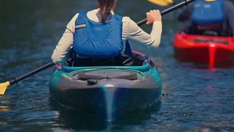 Close Up Two People on Kayaks on River in Oregon Washington Columbia Gorge Video stock 280702212