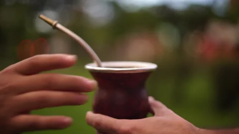 Close-up of two people sharing a typical Argentine drink. Yerba Mate. Stock Footage 280961925