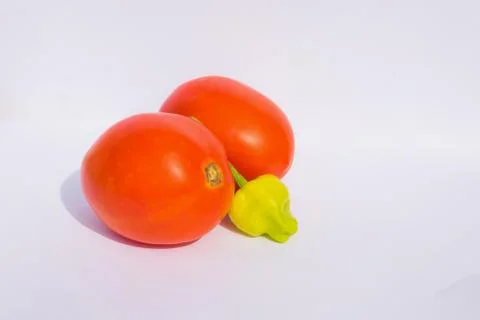 Close up of two red tomatoes and green chili pepper. Stock Photos