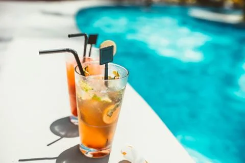 Close-up of two refreshing long drinks, alcoholic cocktails served cold Stock Photos