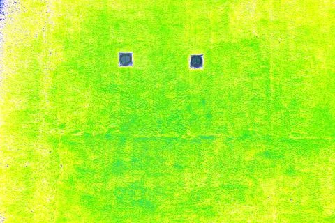 Close up of two small window with frame in the yellow wall. green wall textur Ilustración de archivo