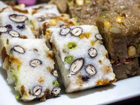 Close-up of two types of healthy Korean Sweet Rice Cakes (Bapsang) Stock Photos