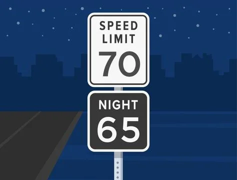 Close-up of a two types of United States "speed limit" sign. Daytime and night Stock Illustration