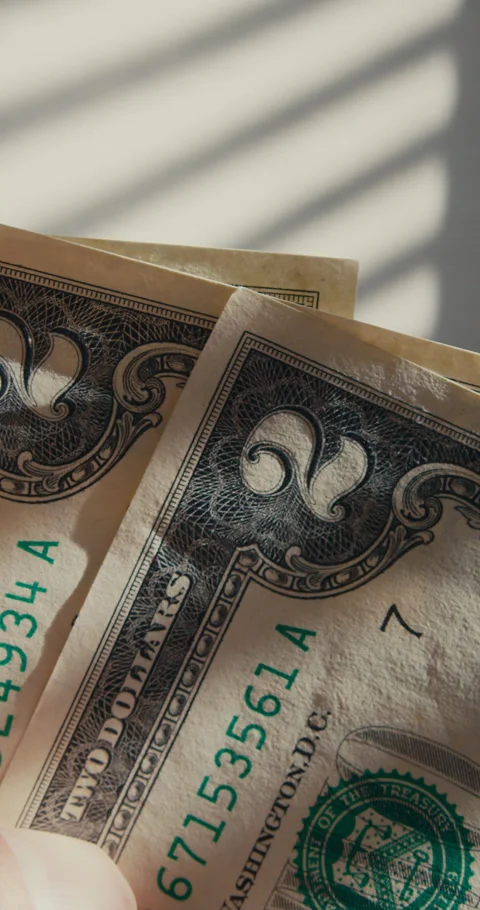 Close-up of two US dollar bills fanned out on a light background Video stock 347009994
