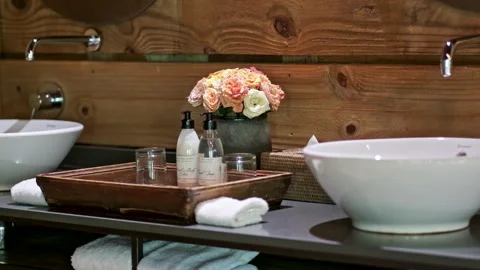 Close up of two wash basins in a hotel restroom Stock Footage 240923345