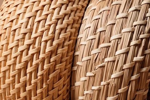 Close up of two woven straw baskets with different textures, natural material Stock Photos