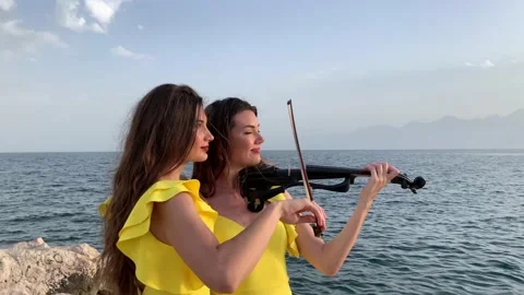 Close up of two young twin sisters violinists in yellow dresses posing to pho Stock Footage 131403974