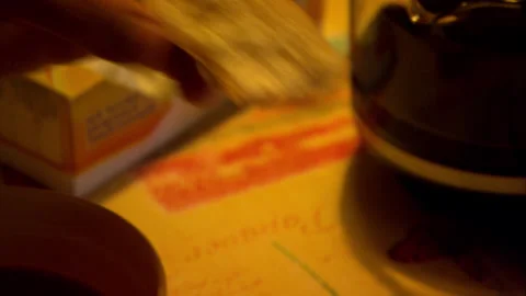 Close up of typical breakfast- butter and bread and coffee in Chablis wine Stock Footage 130289258