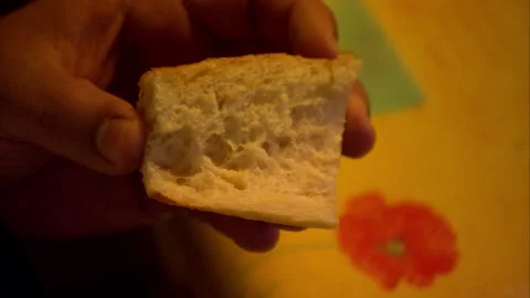 Close up of typical breakfast- butter and bread and coffee in Chablis wine Stock Footage 130350275